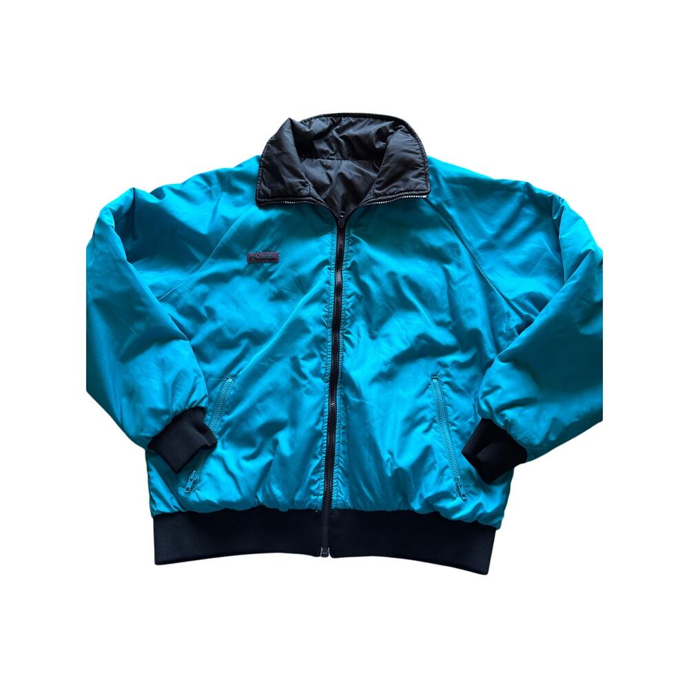 Vintage Columbia Reversible Nylon Turquoise Blue Black Women XL Full Zip Bomber